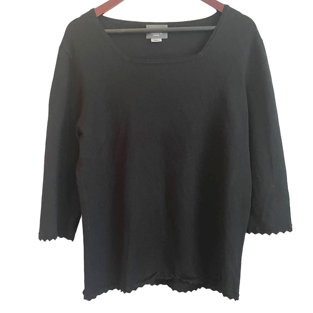 Notations Woman Minimalistic Classic Knit Top 1X Black Scalloped Square Neck‎